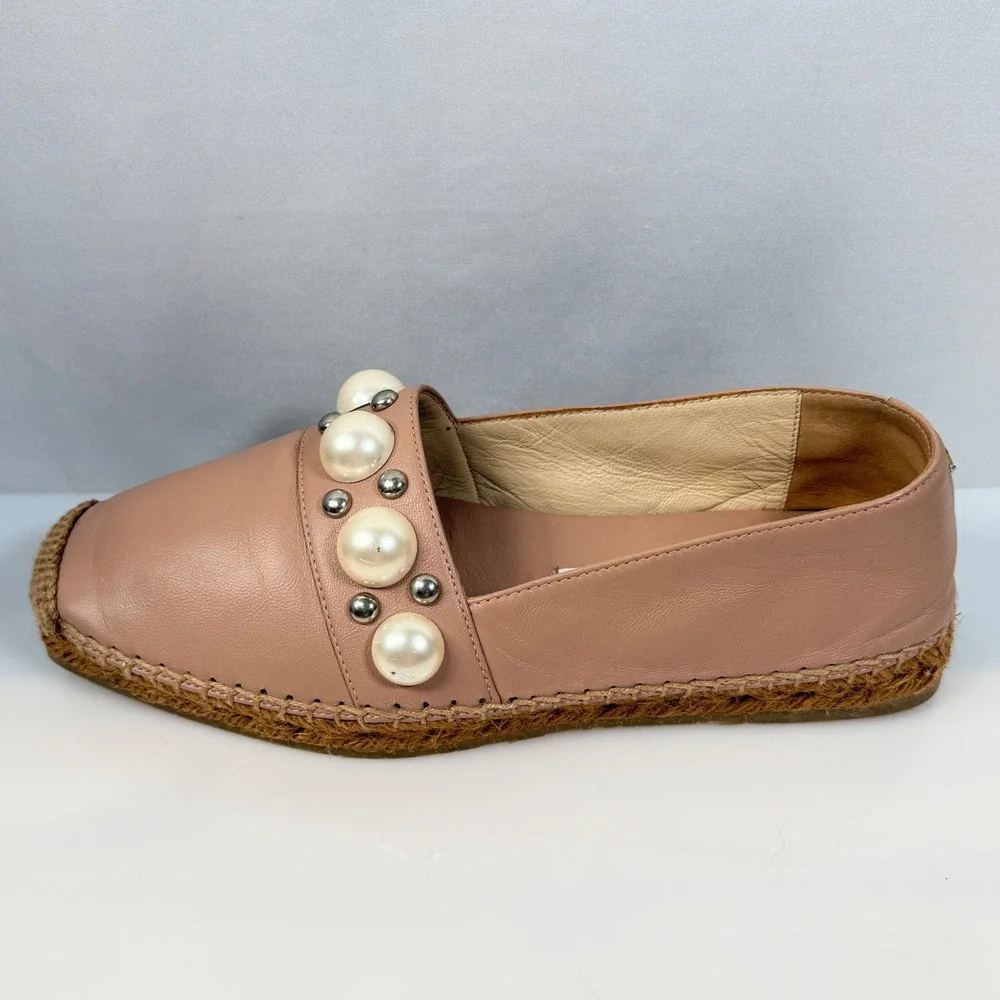 Jimmy Choo Blush Dru Leather Pearl Studded Espadrille Flats Pink Womens 36 6